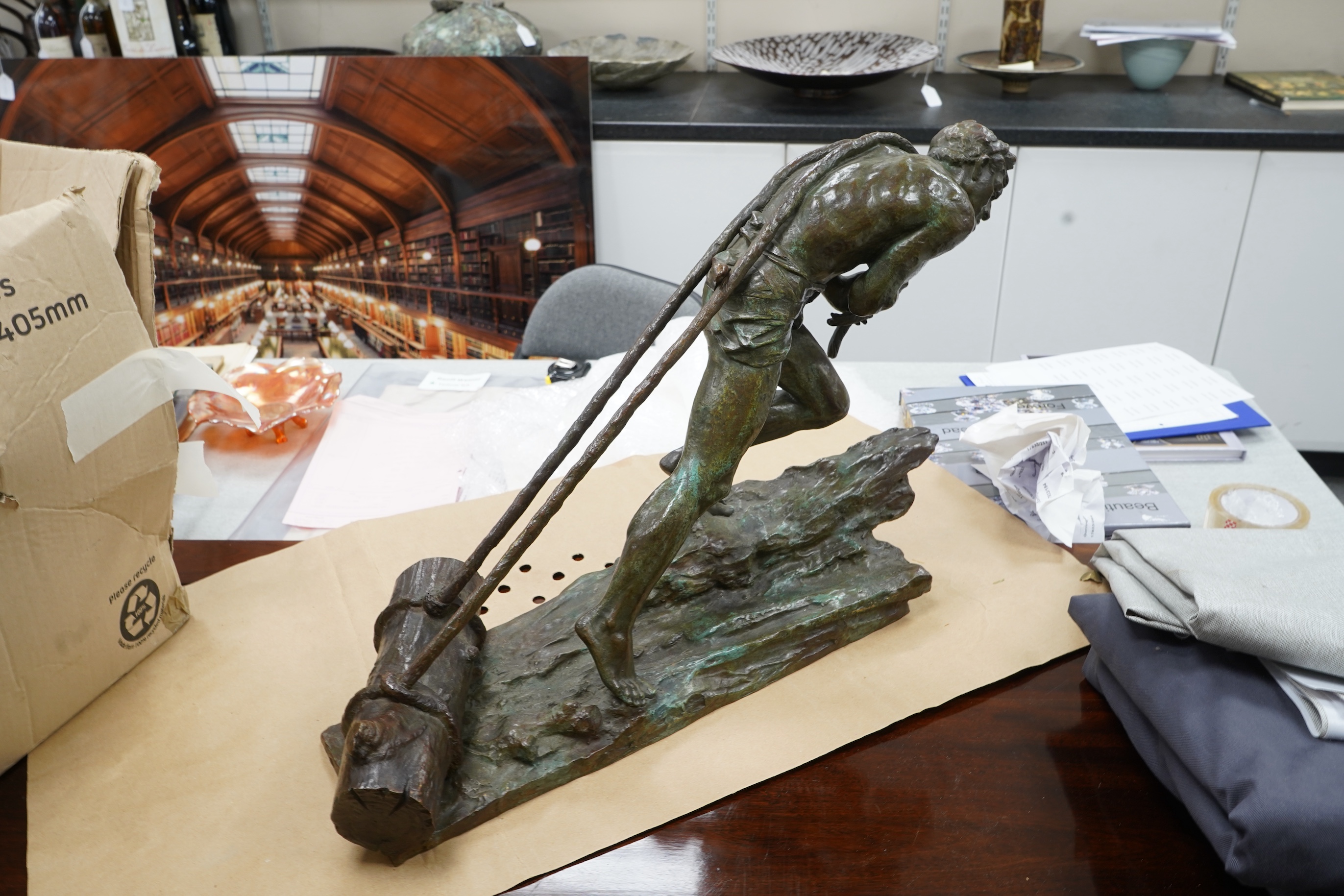 Edouard Drouot - Bronze L’Effort, male with ropes pulling a log, 59cm wide x 41cm high